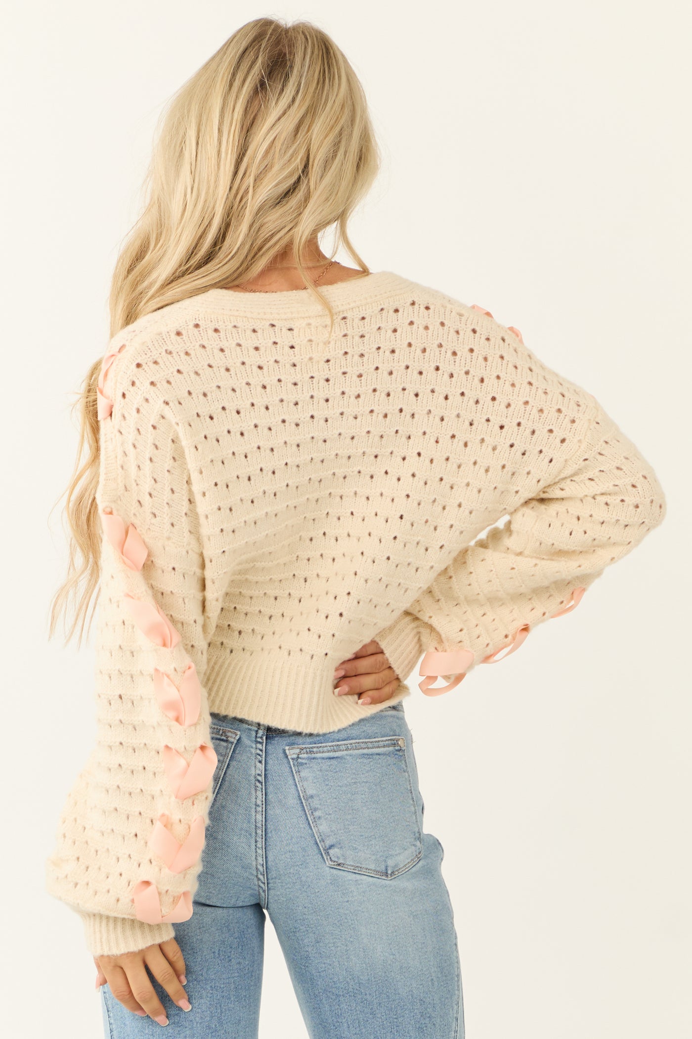 Ivory Ribbon Detail Pointelle Knit Cardigan