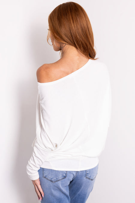 Ivory Round Neck Knit Top with Long Dolman Sleeves