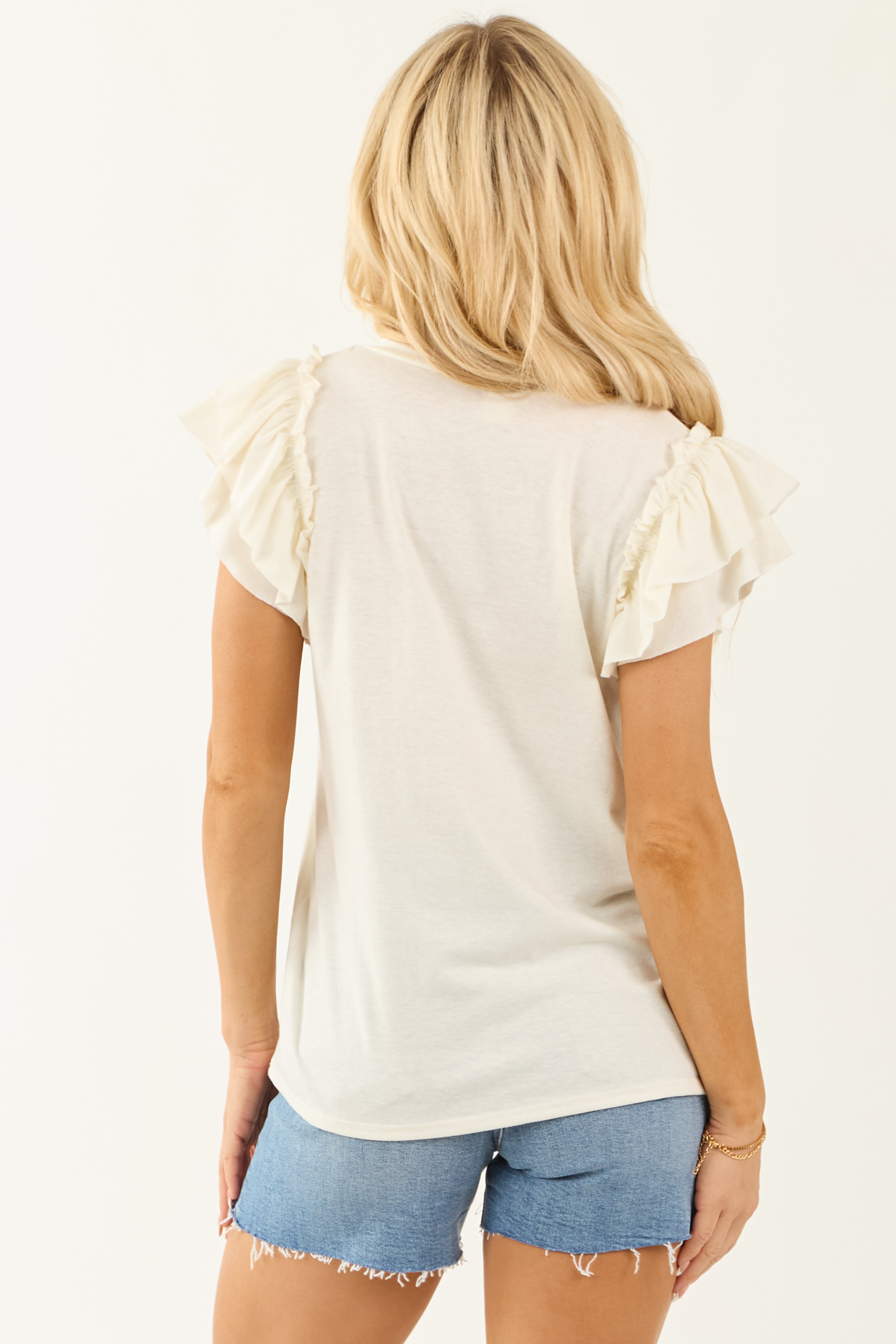 Ivory Round Neckline Ruffle Cap Sleeve Top