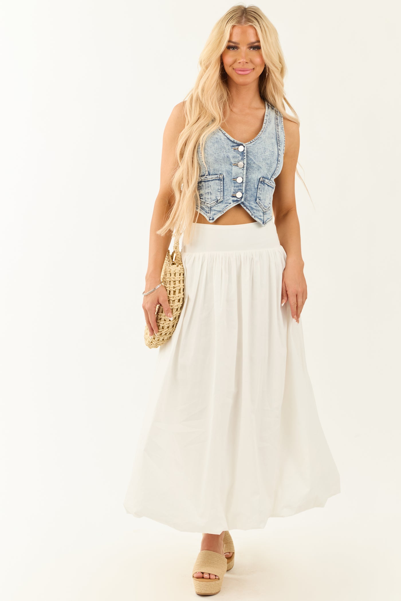 Ivory Ruched Smocked Back Balloon Maxi Skirt