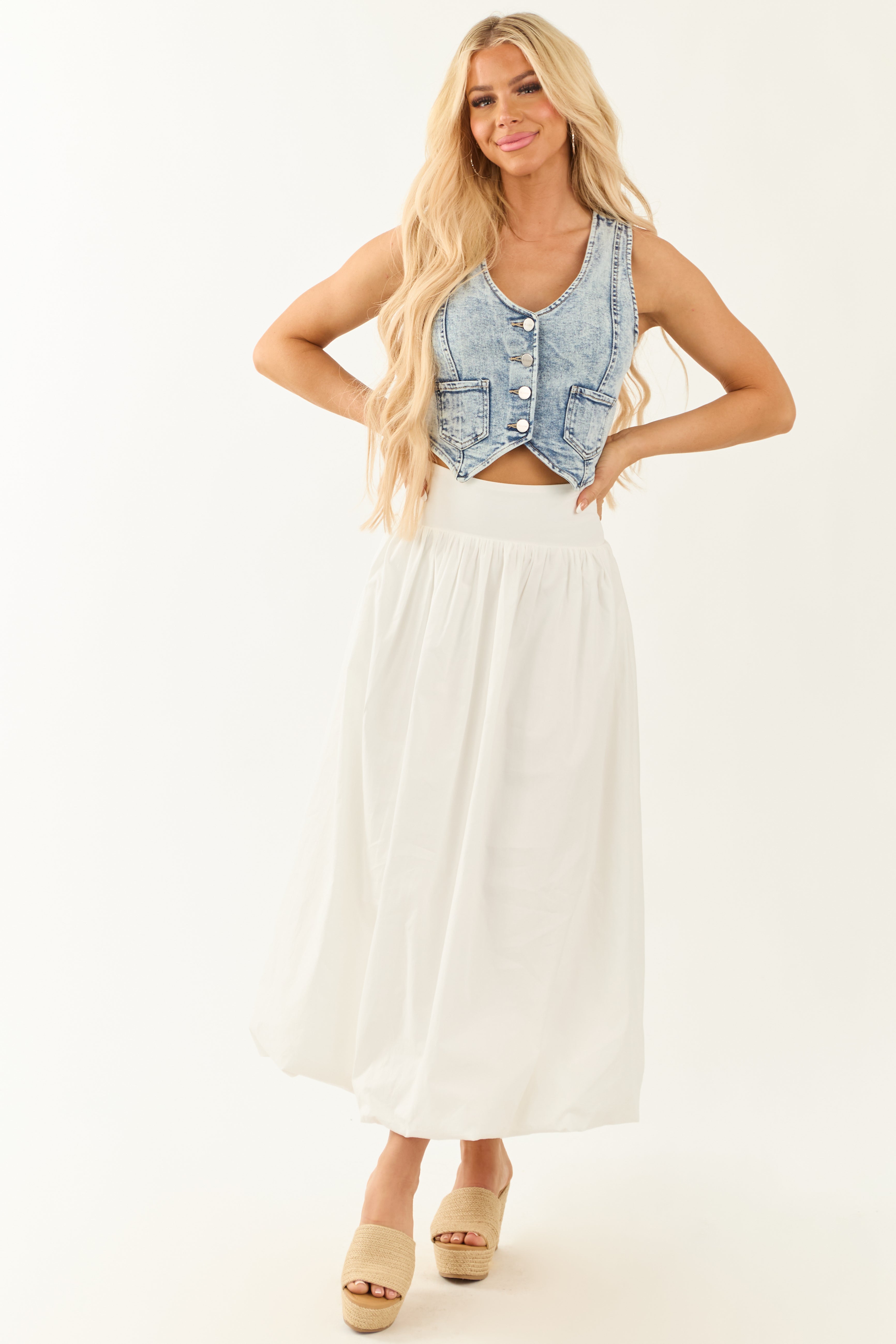 Ivory Ruched Smocked Back Balloon Maxi Skirt