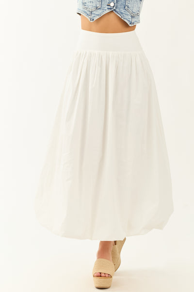 White Poplin Smocked Waist Bubble Hem Maxi Skirt