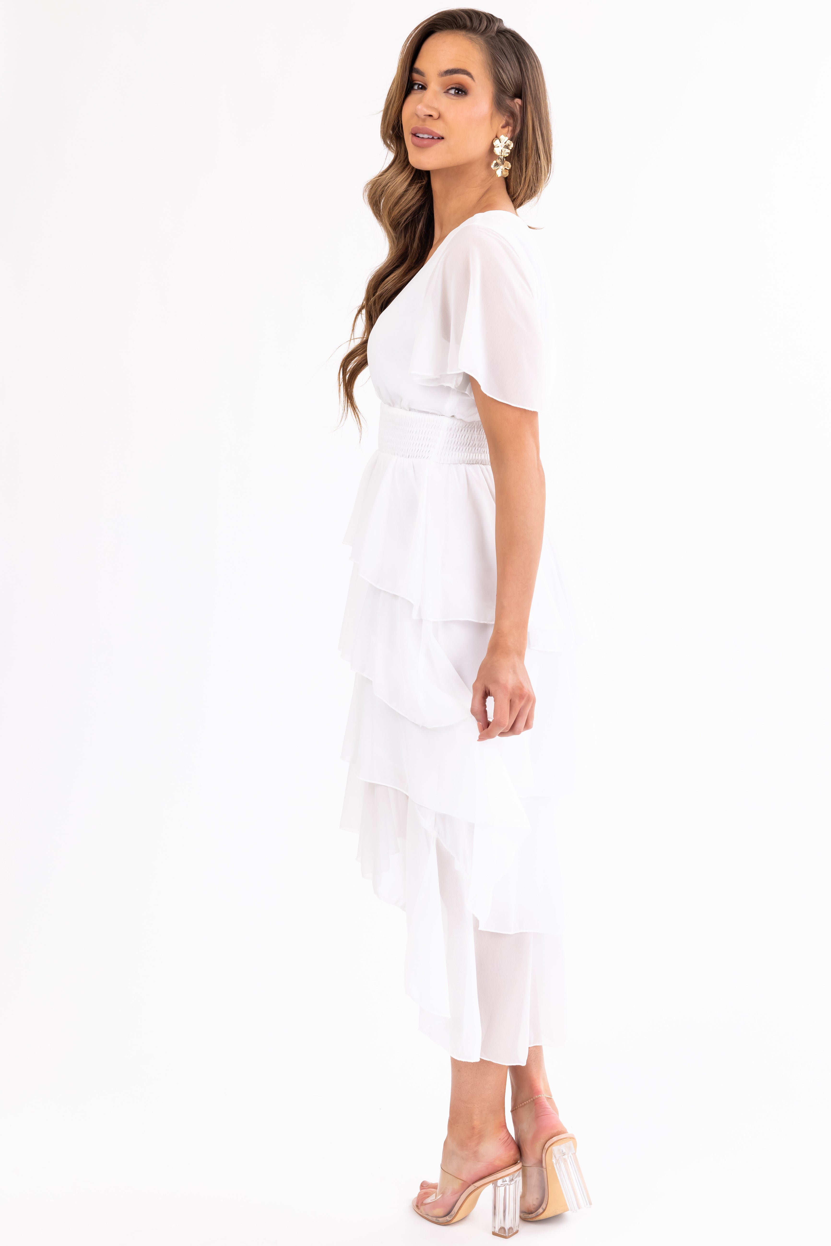 Ivory Ruffle High Low Midi Dress