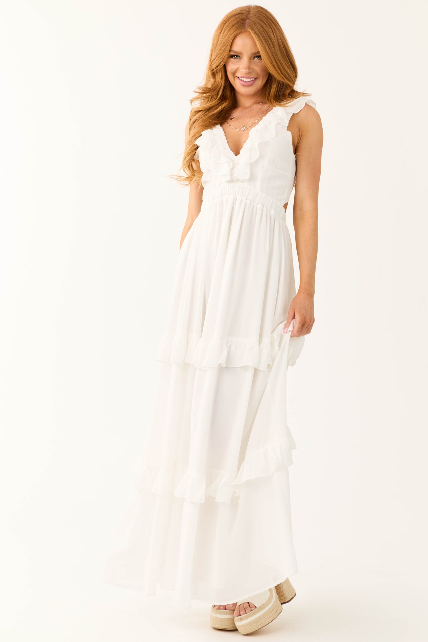 Ivory Ruffle Tiered Sleeveless Maxi Dress