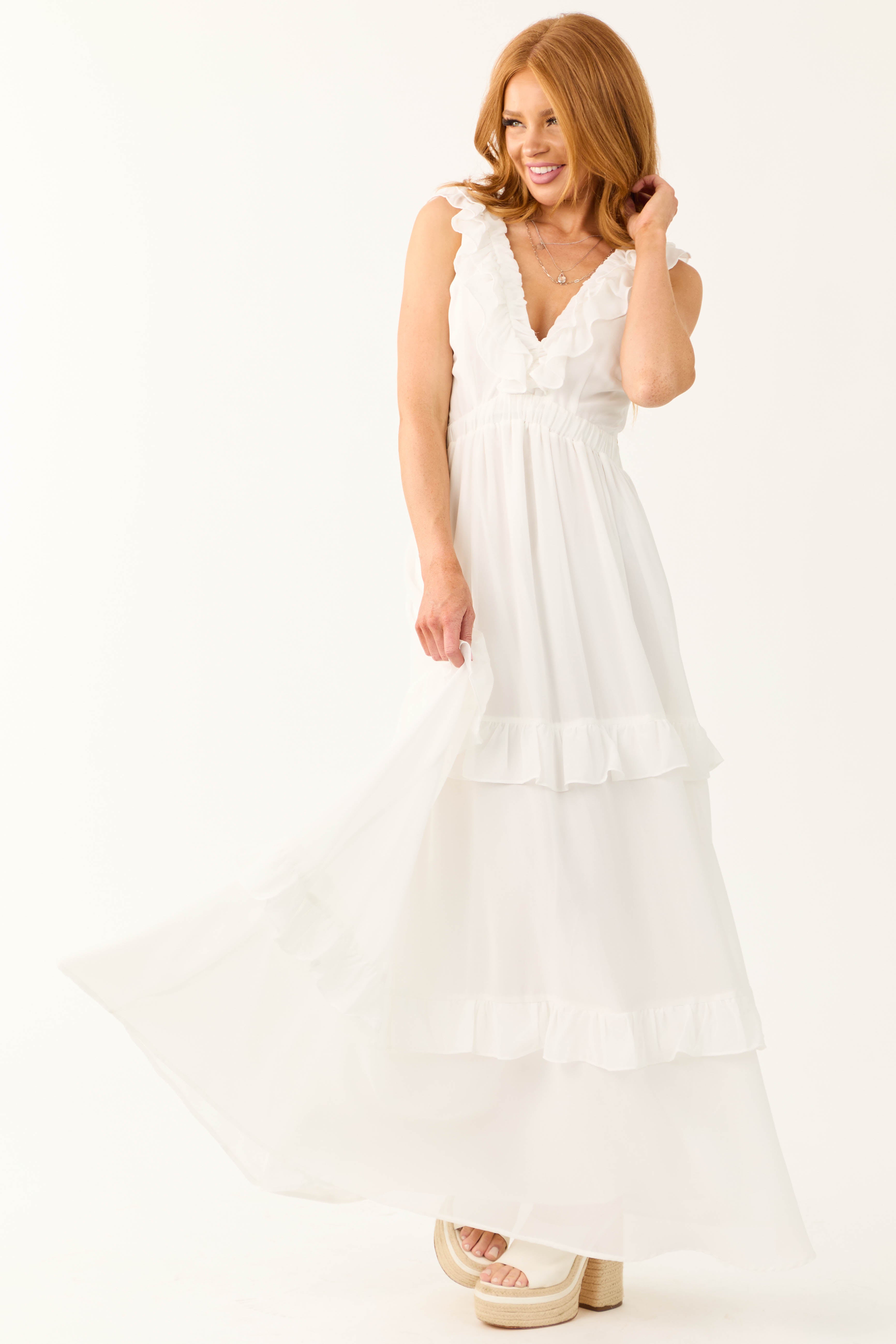 Ivory Ruffle Tiered Sleeveless Maxi Dress