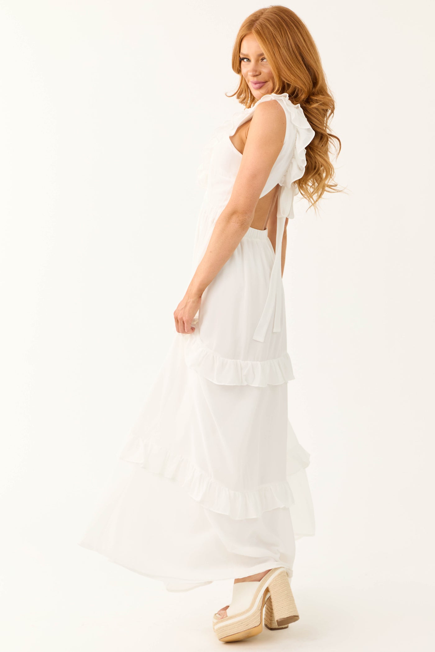 Ivory Ruffle Tiered Sleeveless Maxi Dress