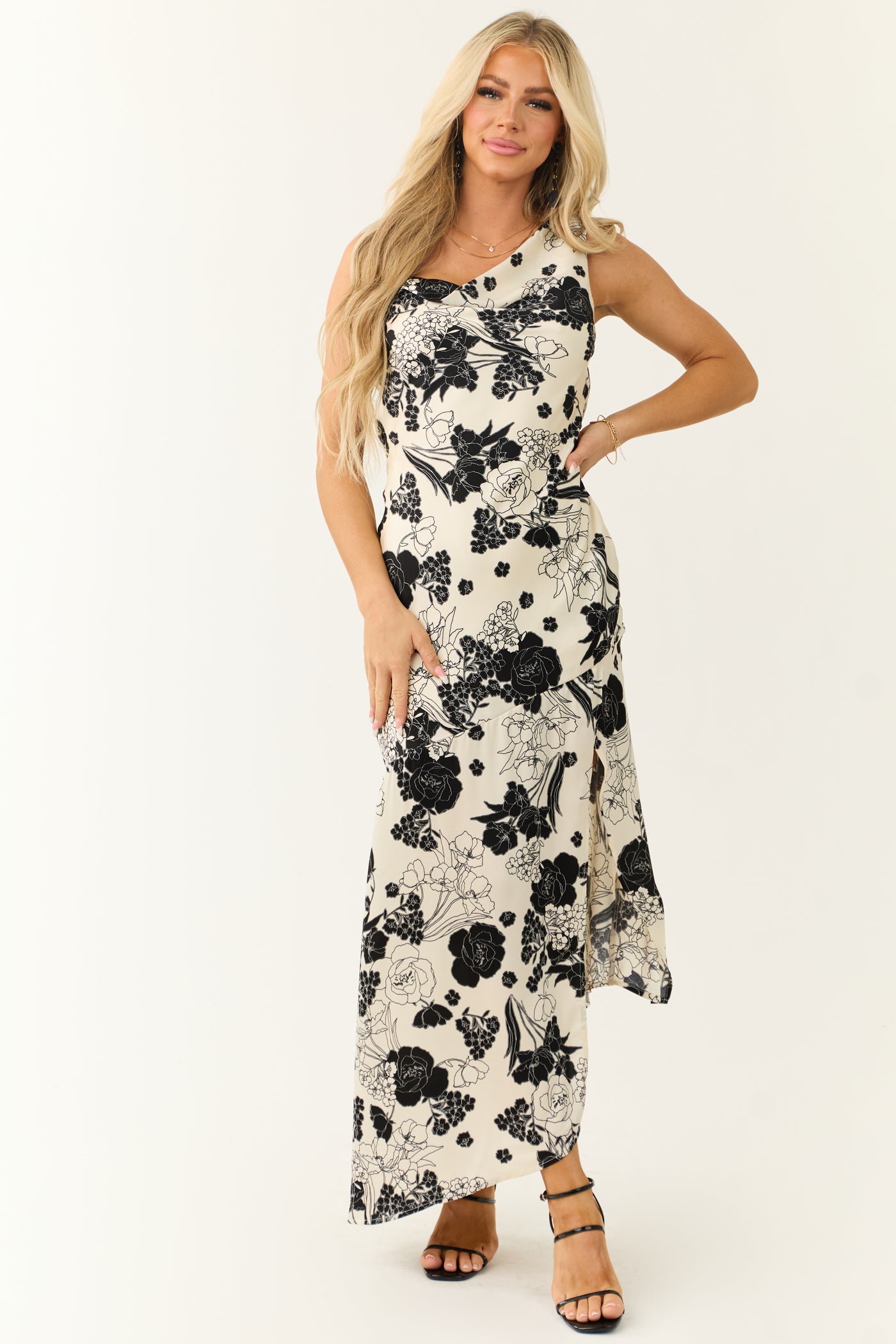 Ivory Satin Floral Print Cowl Neck Maxi Dress