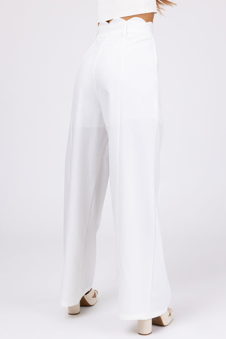 Ivory Scallop Waist Straight Leg Pants