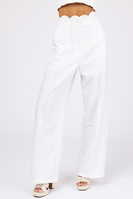 Ivory Scallop Waist Straight Leg Pants