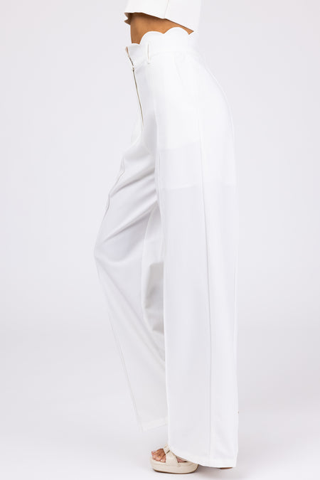 Ivory Scallop Waist Straight Leg Pants