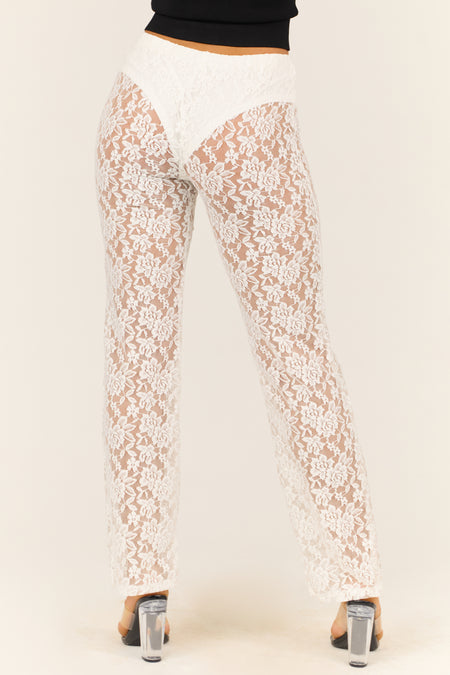 Ivory Sheer Lace High Waist Straight Leg Pants