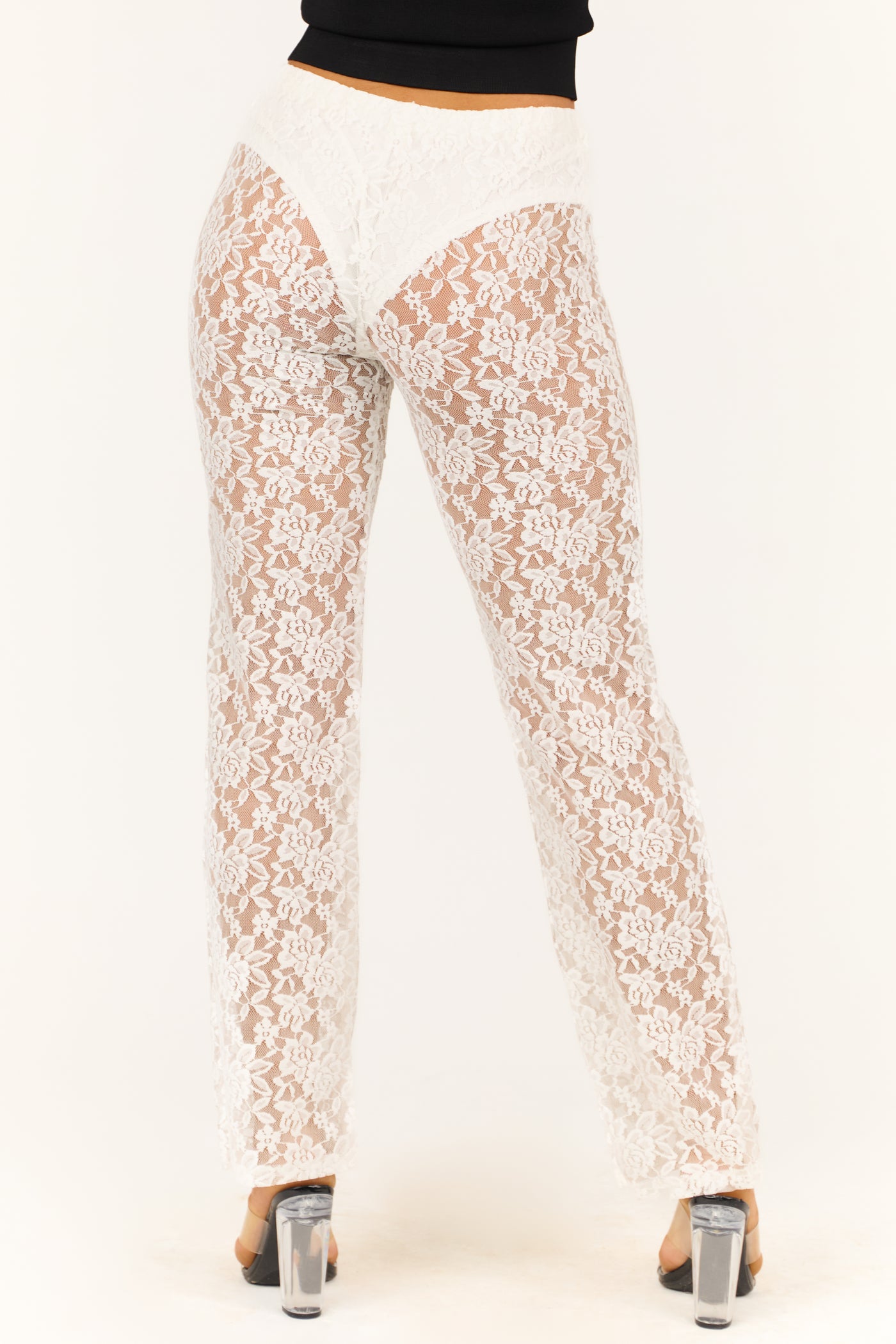 Ivory Sheer Lace High Waist Straight Leg Pants