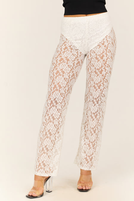 Ivory Sheer Lace High Waist Straight Leg Pants