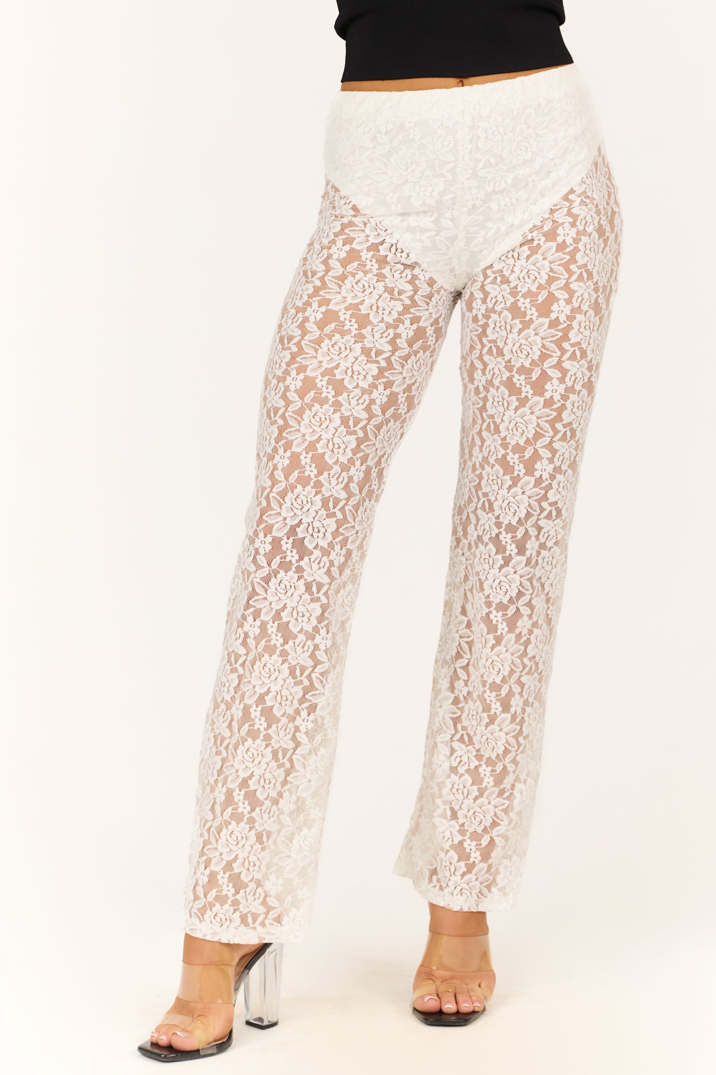 Ivory Sheer Lace High Waist Straight Leg Pants