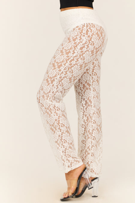 Ivory Sheer Lace High Waist Straight Leg Pants