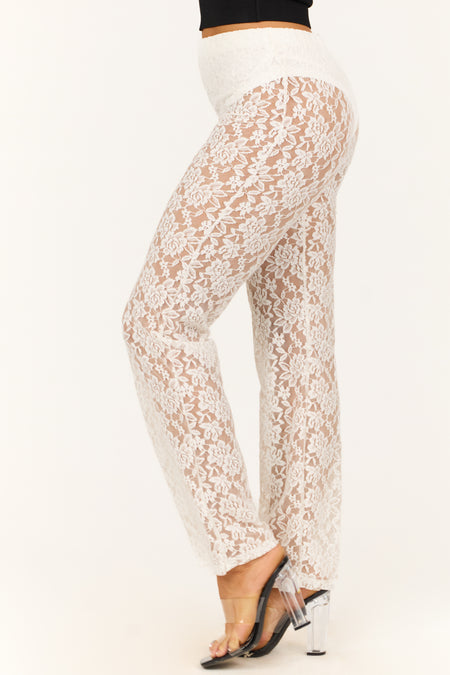 Ivory Sheer Lace High Waist Straight Leg Pants