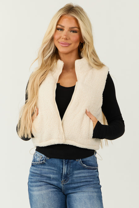 Ivory Sherpa Zip Up Mock Neck Vest