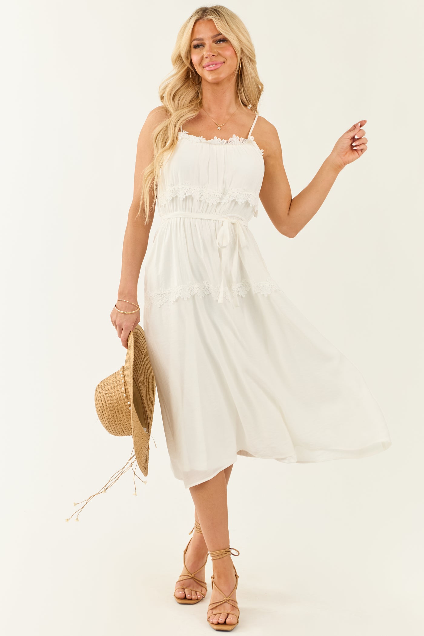 Ivory Sleeveless Lace Trim Waist Tie Midi Dress