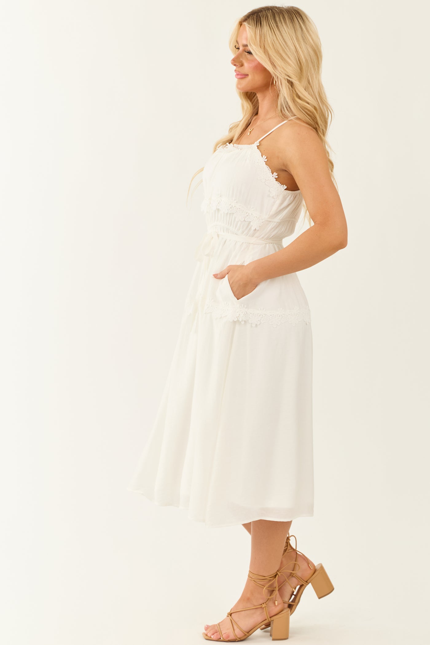 Ivory Sleeveless Lace Trim Waist Tie Midi Dress