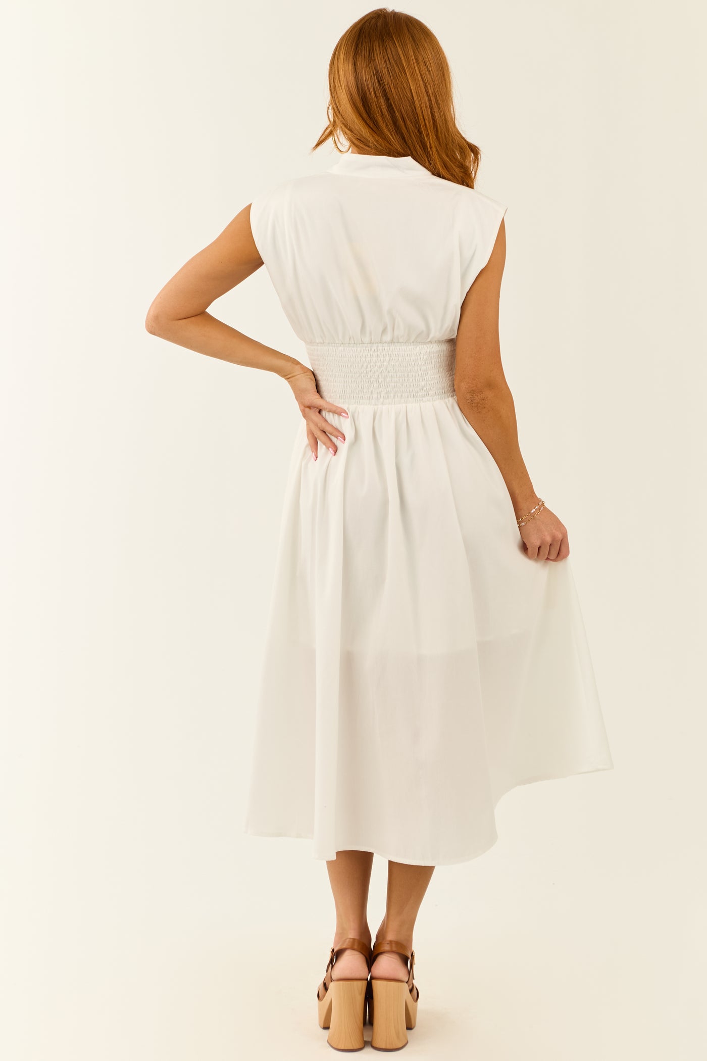 Ivory Sleeveless V Neck Zipper Front Midi Dress