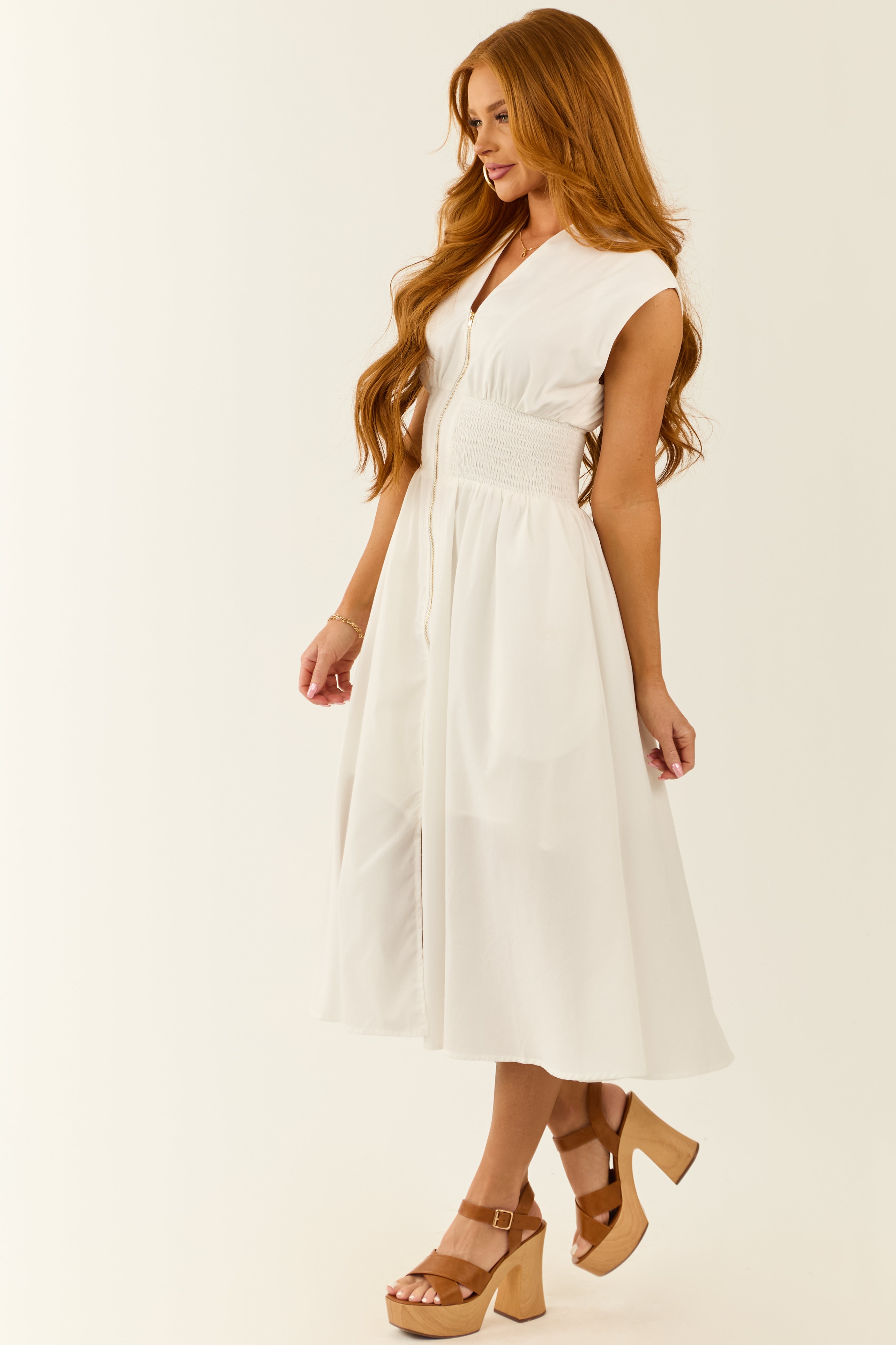 Ivory Sleeveless V Neck Zipper Front Midi Dress