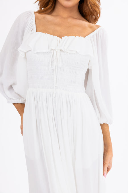 Ivory Smocked Top 3/4 Sleeve Midi Dress