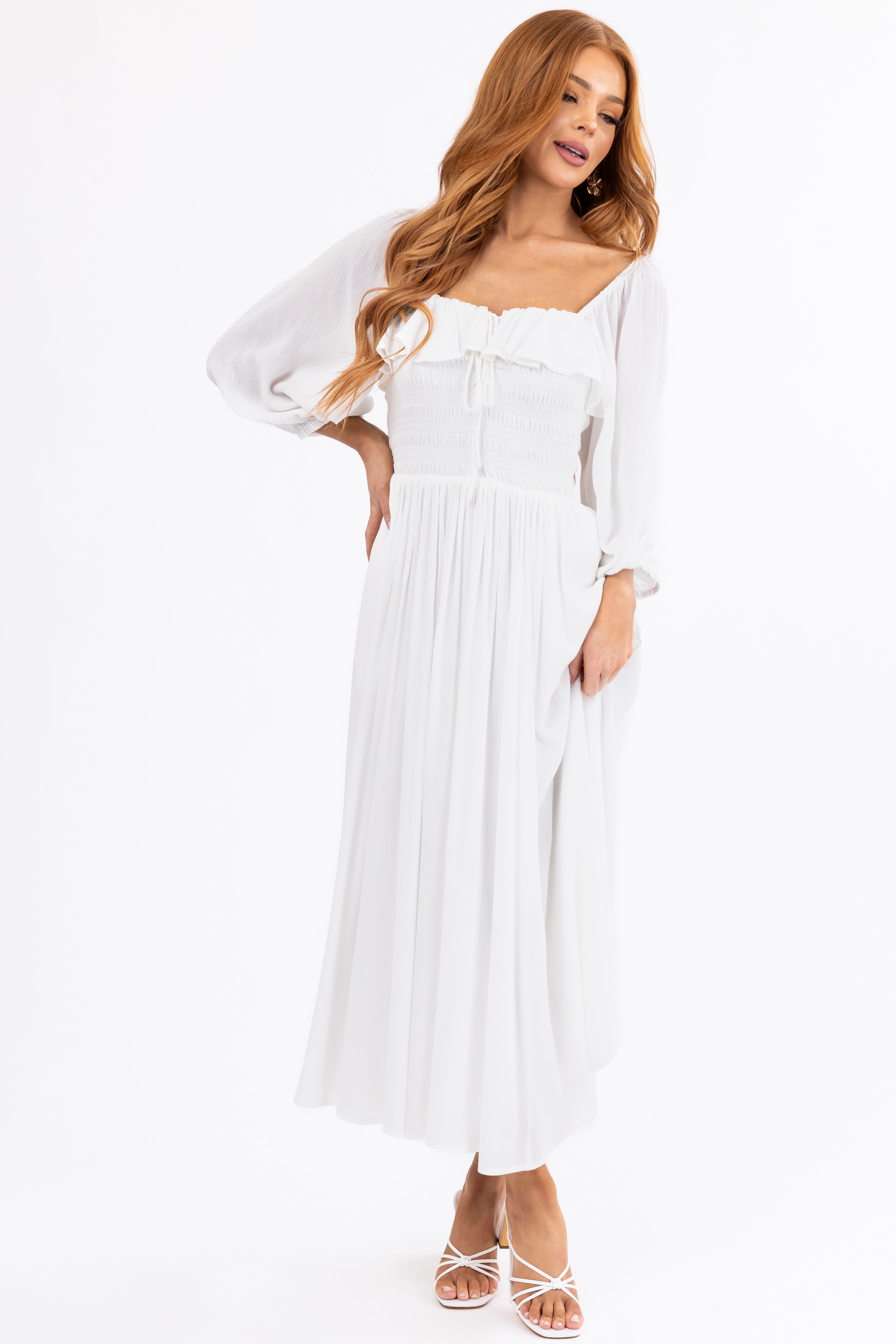 Ivory Smocked Top 3/4 Sleeve Midi Dress