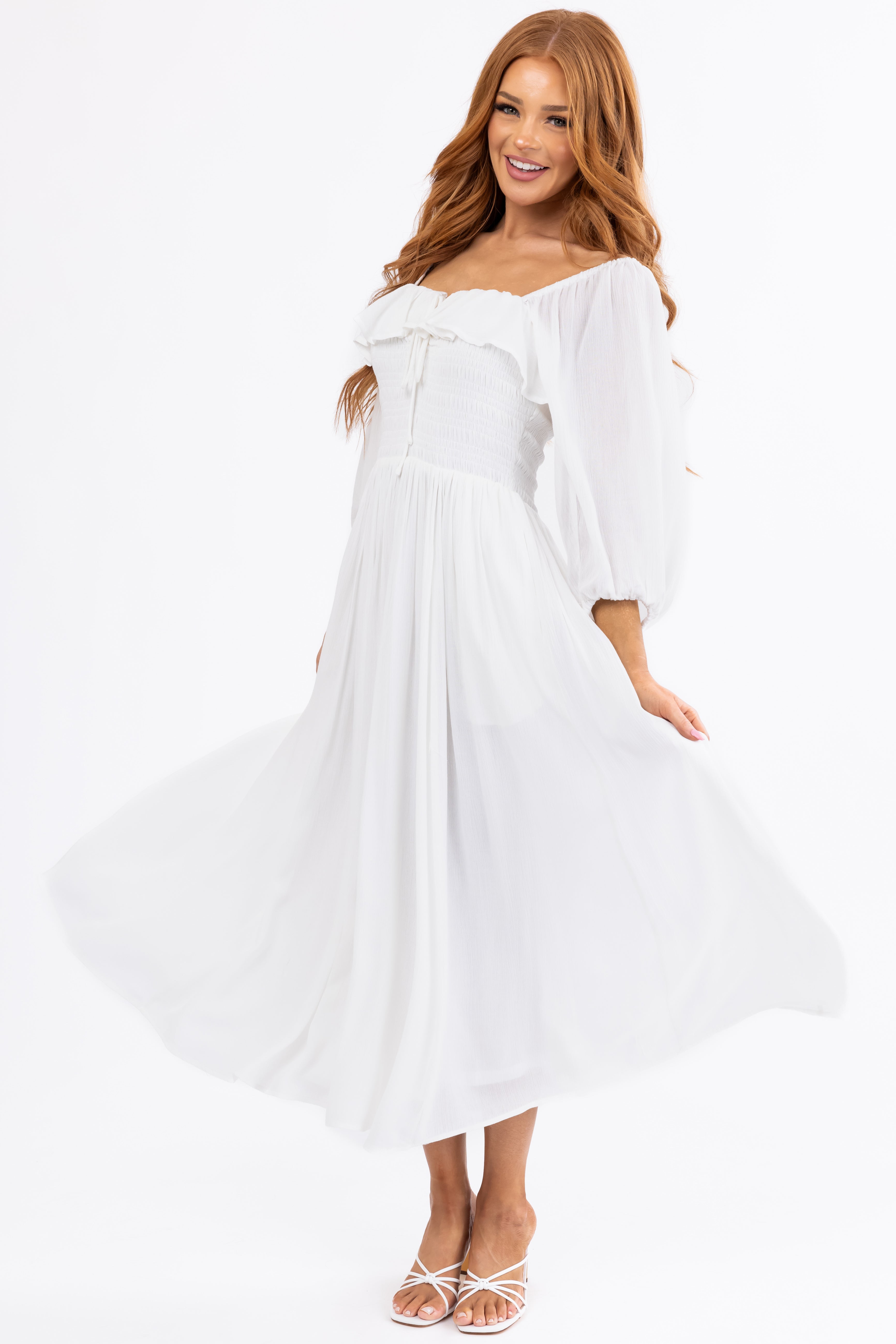 Ivory Smocked Top 3/4 Sleeve Midi Dress