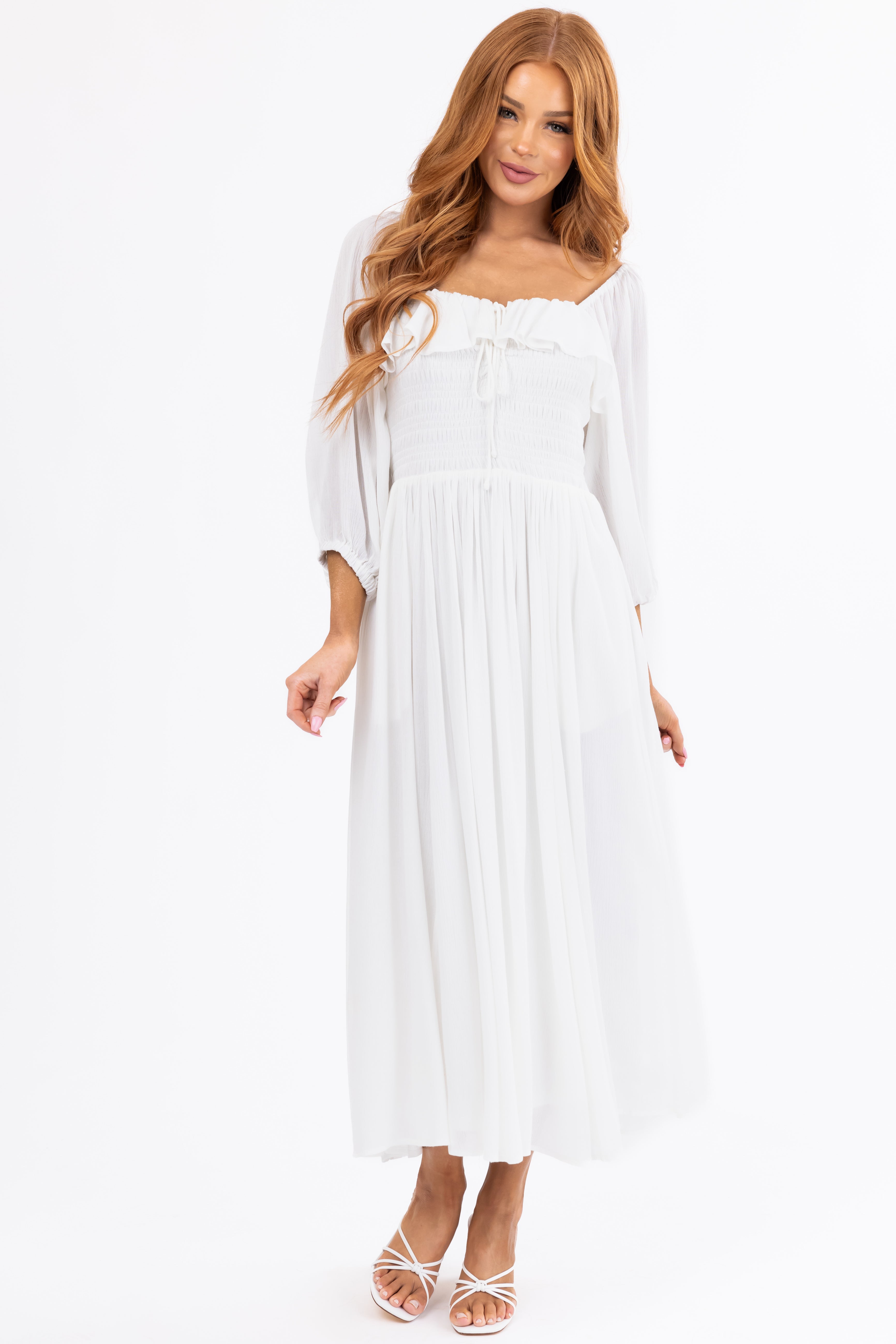 Ivory Smocked Top 3/4 Sleeve Midi Dress