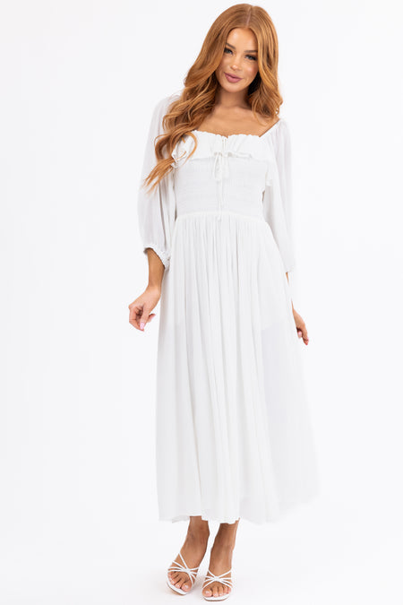 Ivory Smocked Top 3/4 Sleeve Midi Dress