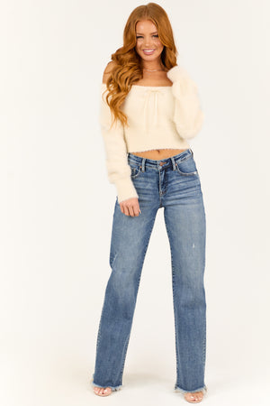 Ivory Square Neck Fuzzy Long Sleeve Sweater