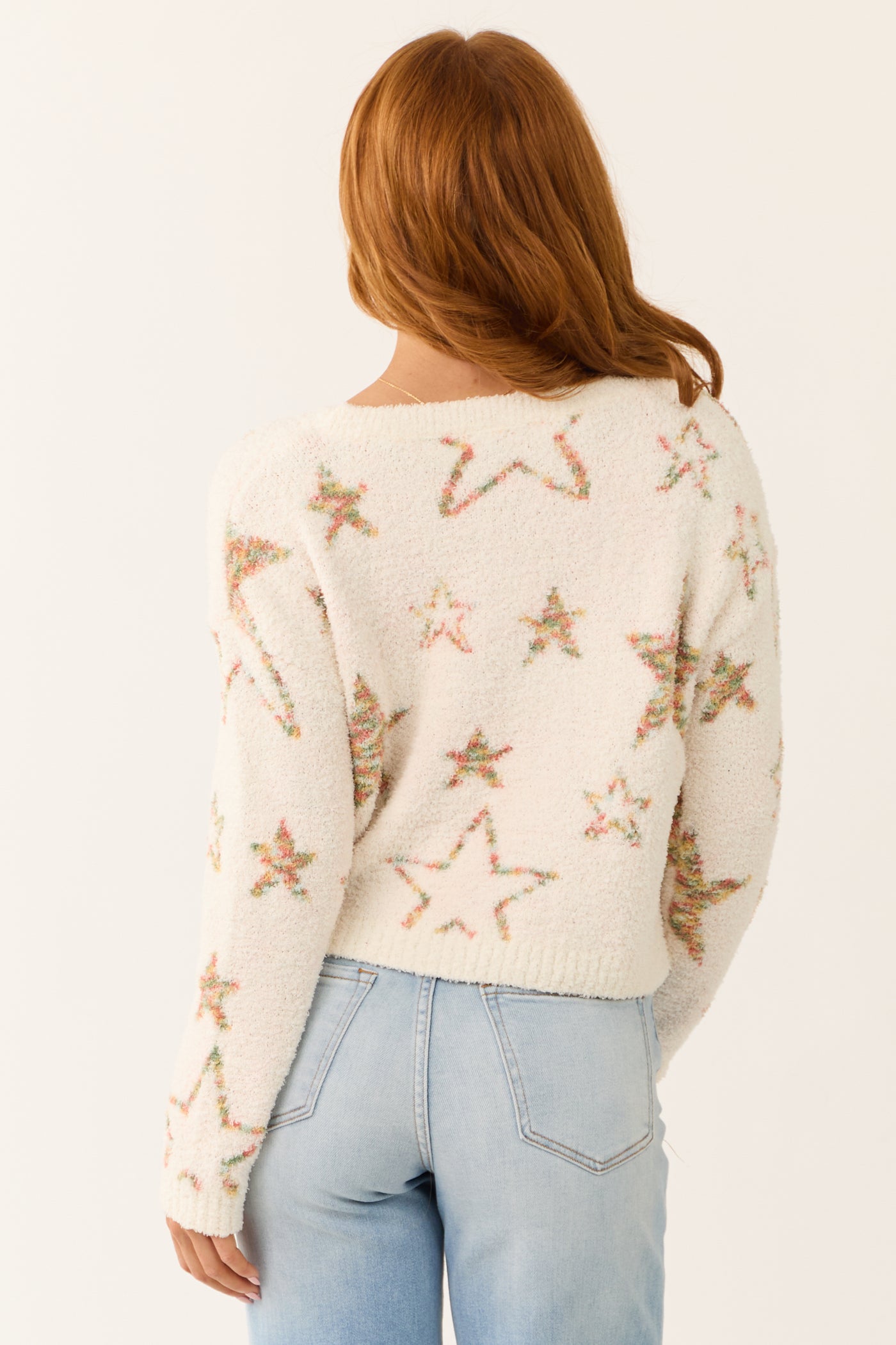 Ivory Star Pattern Fuzzy Knit Sweater