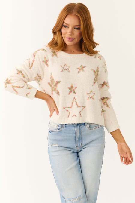 Ivory Star Pattern Fuzzy Knit Sweater