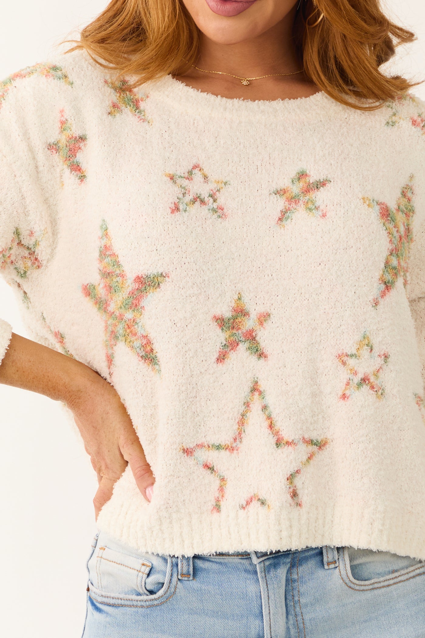 Ivory Star Pattern Fuzzy Knit Sweater