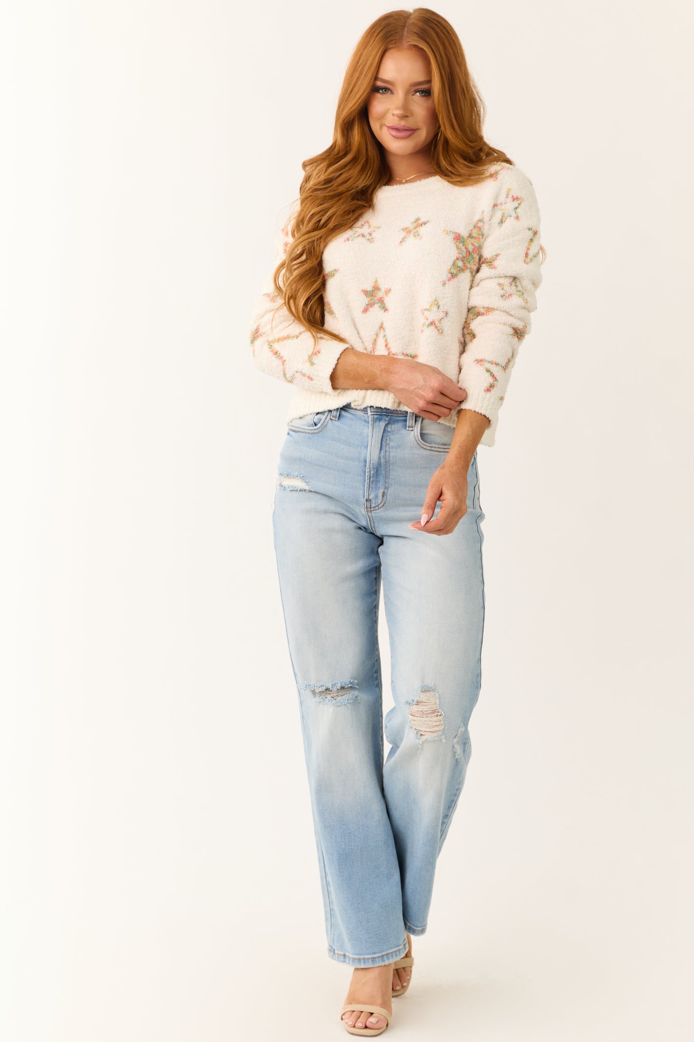 Ivory Star Pattern Fuzzy Knit Sweater