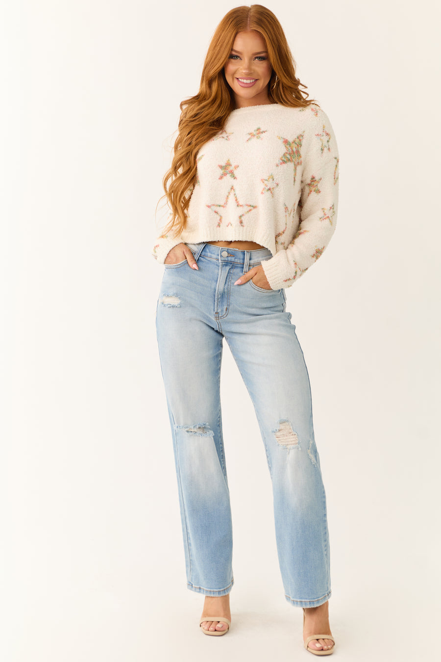 Ivory Star Pattern Fuzzy Knit Sweater