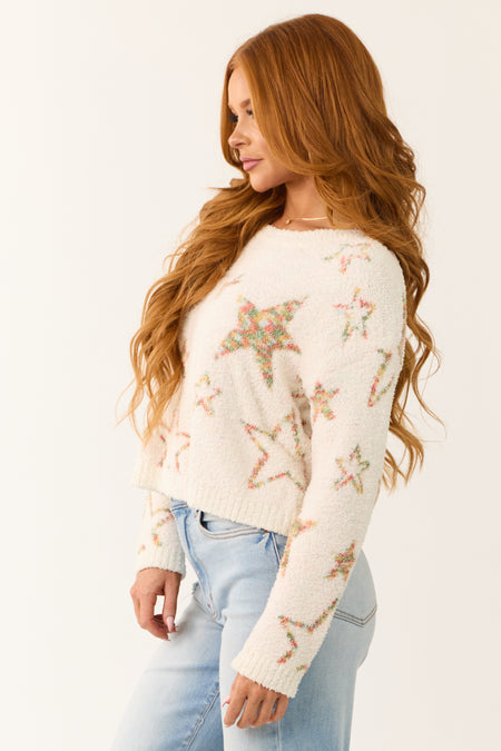 Ivory Star Pattern Fuzzy Knit Sweater