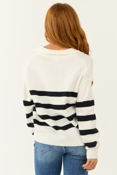 Ivory Striped Knit V Neck Collared Sweater