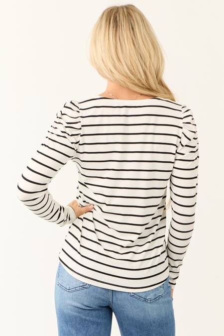 Ivory Striped Long Sleeve Ruched Top