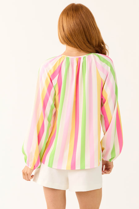 Ivory Striped Long Sleeve V Neck Top