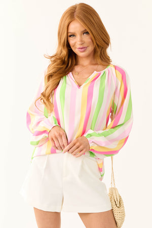 Ivory Striped Long Sleeve V Neck Top