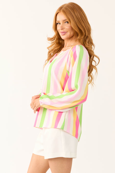 Ivory Striped Long Sleeve V Neck Top