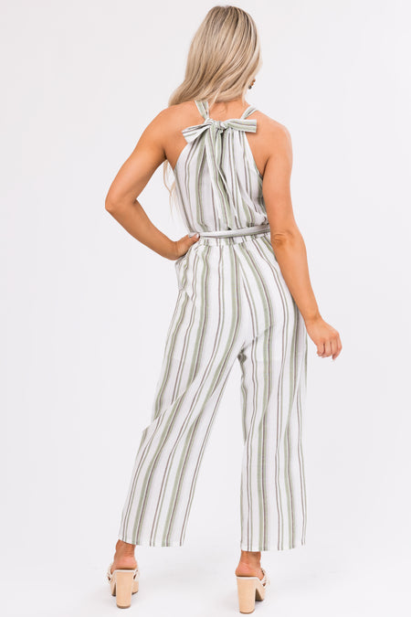 Ivory Striped Sleeveless Waist Tie Jumpsuit