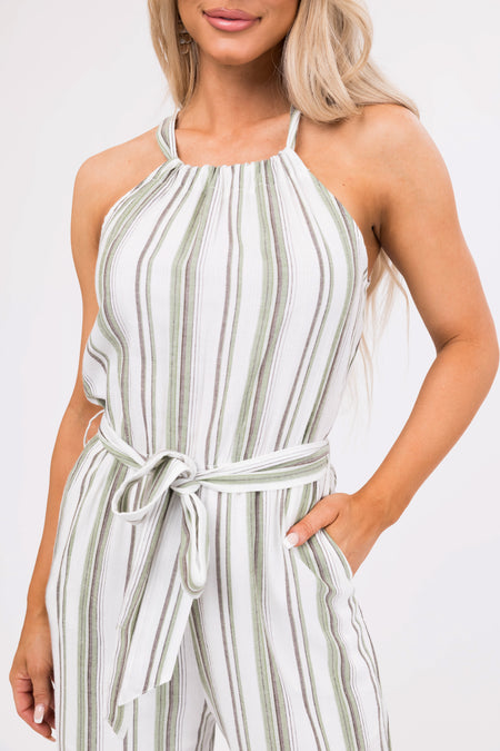 Ivory Striped Sleeveless Waist Tie Jumpsuit