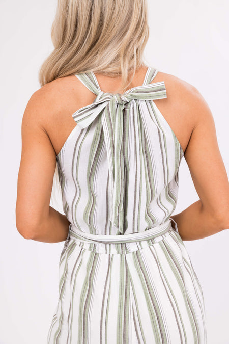 Ivory Striped Sleeveless Waist Tie Jumpsuit