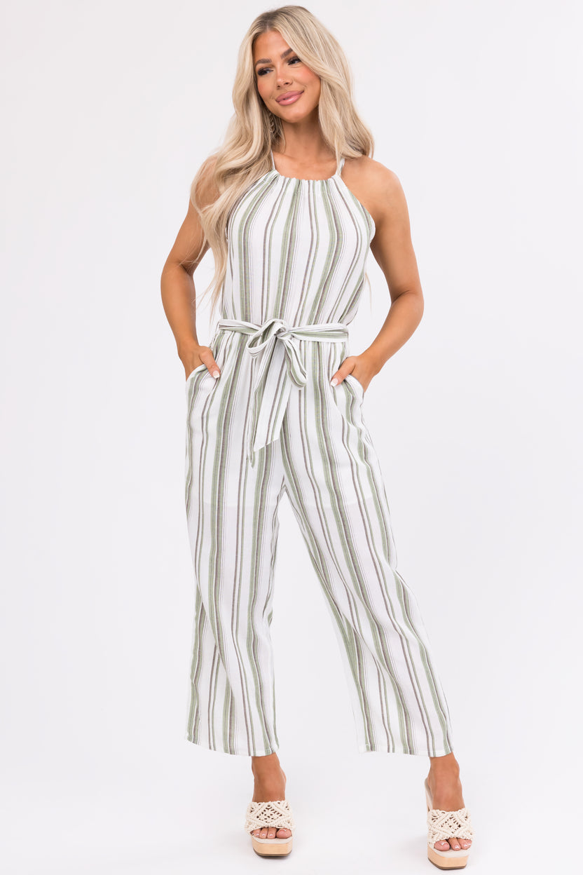 Ivory Striped Sleeveless Waist Tie Jumpsuit