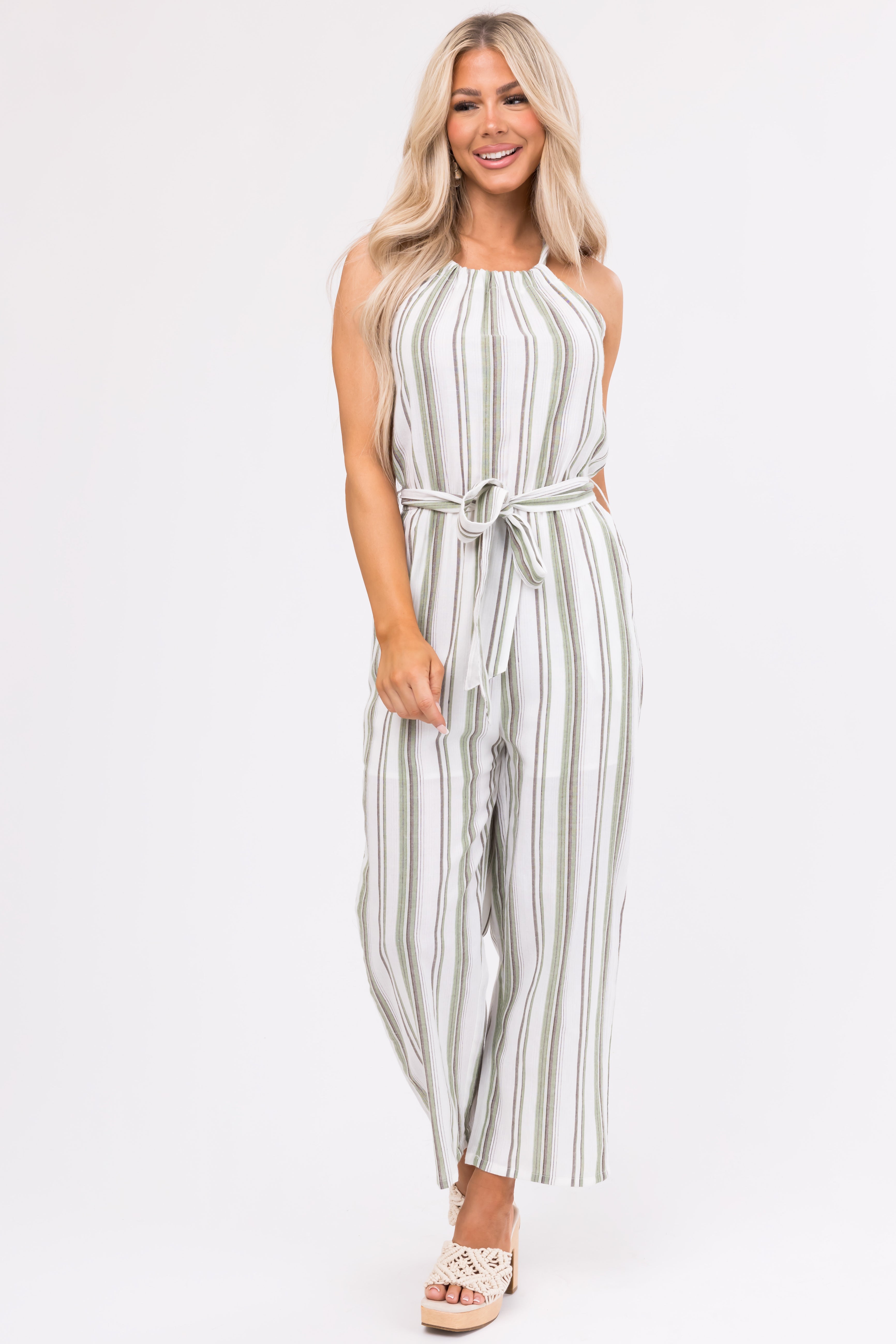 Ivory Striped Sleeveless Waist Tie Jumpsuit