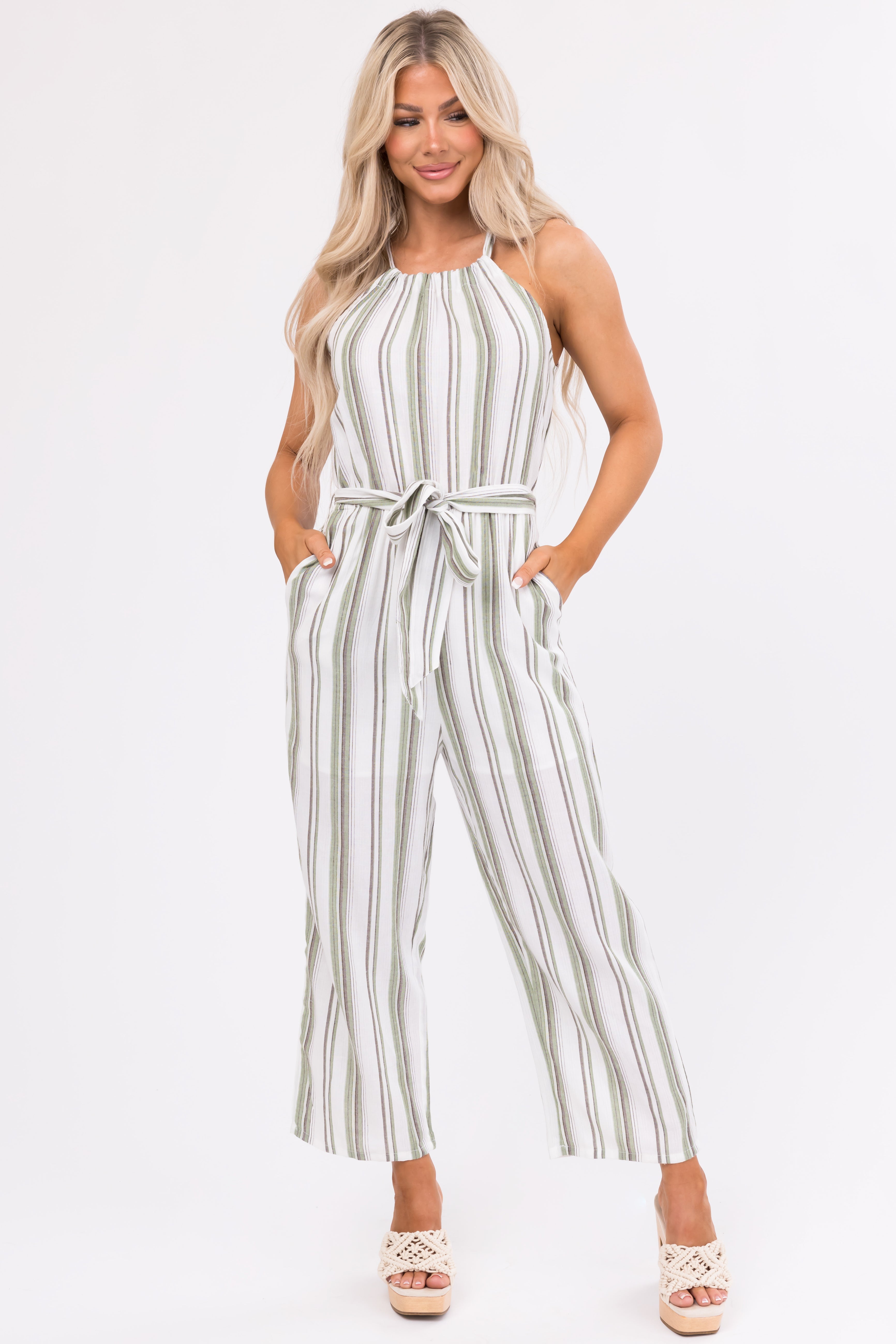 Ivory Striped Sleeveless Waist Tie Jumpsuit