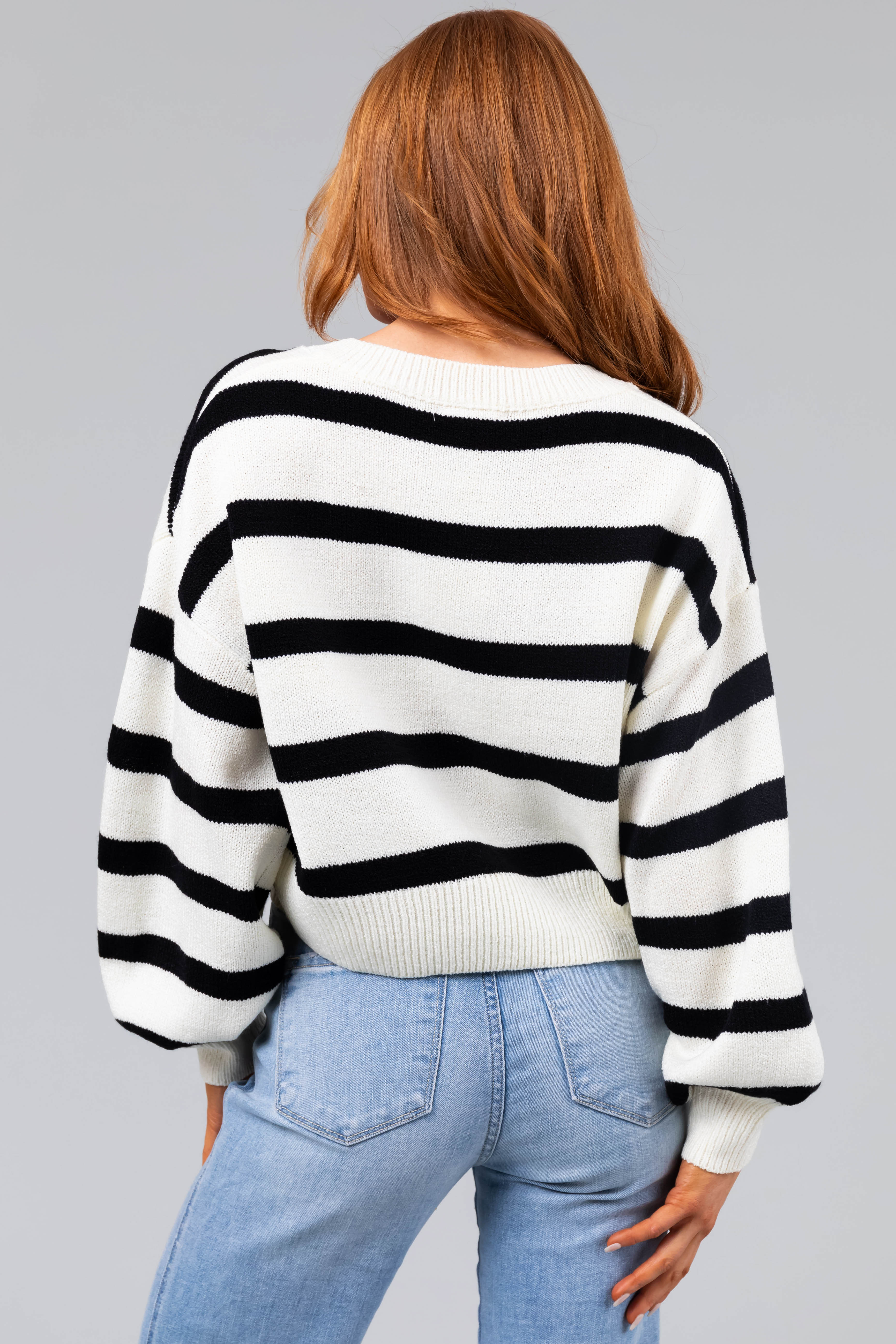 Ivory Striped V Neck Bubble Sleeve Sweater