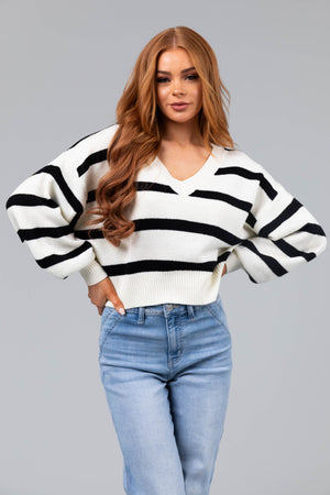 Ivory Striped V Neck Bubble Sleeve Sweater